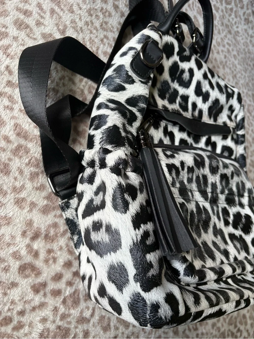 Black & White Leopard Print Leather Backpack